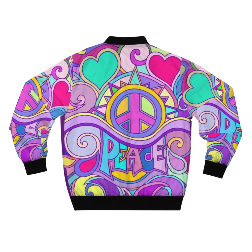 Retro psychedelic bomber jacket with colorful flower power and peace symbol graphics - Back