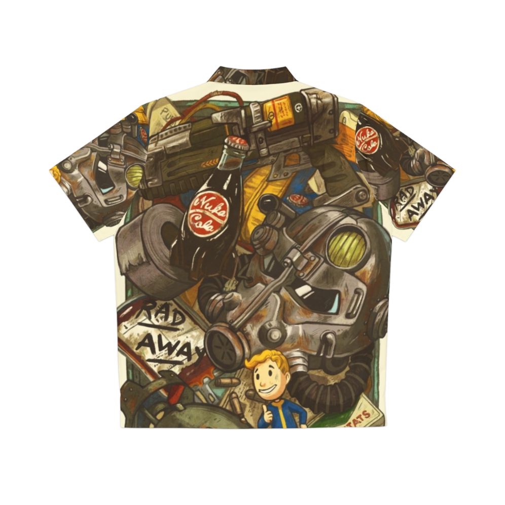 Fallout-inspired Hawaiian shirt with Vault Boy, Nuka Cola, and power armor elements - Back