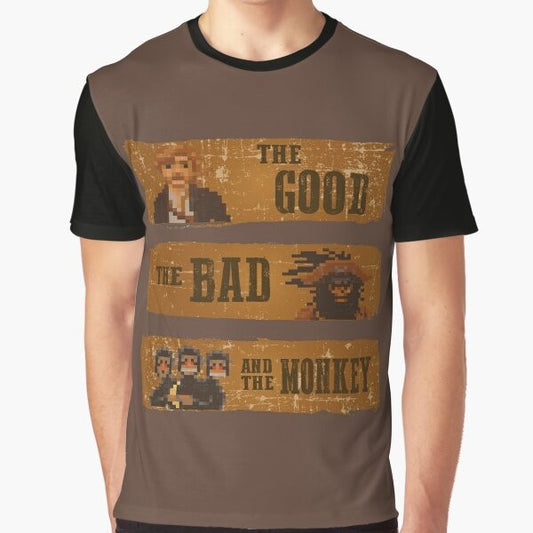 Monkey Island graphic t-shirt featuring the good, the bad, and the monkey characters from the classic 80s videogame.