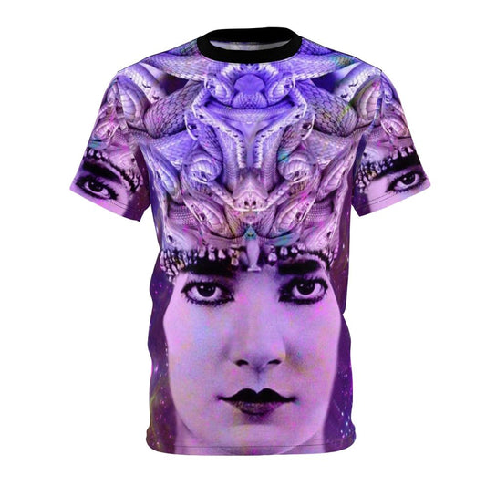 Model wearing a t-shirt featuring a Medusa-inspired abstract and colorful graphic design