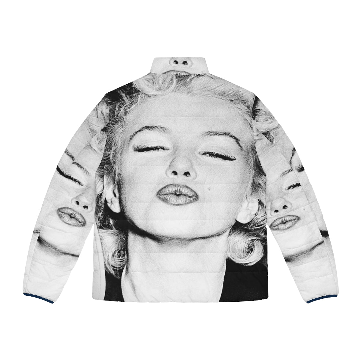 Vintage black and white portrait of iconic Hollywood actress Marilyn Monroe wearing a puffer jacket - Back