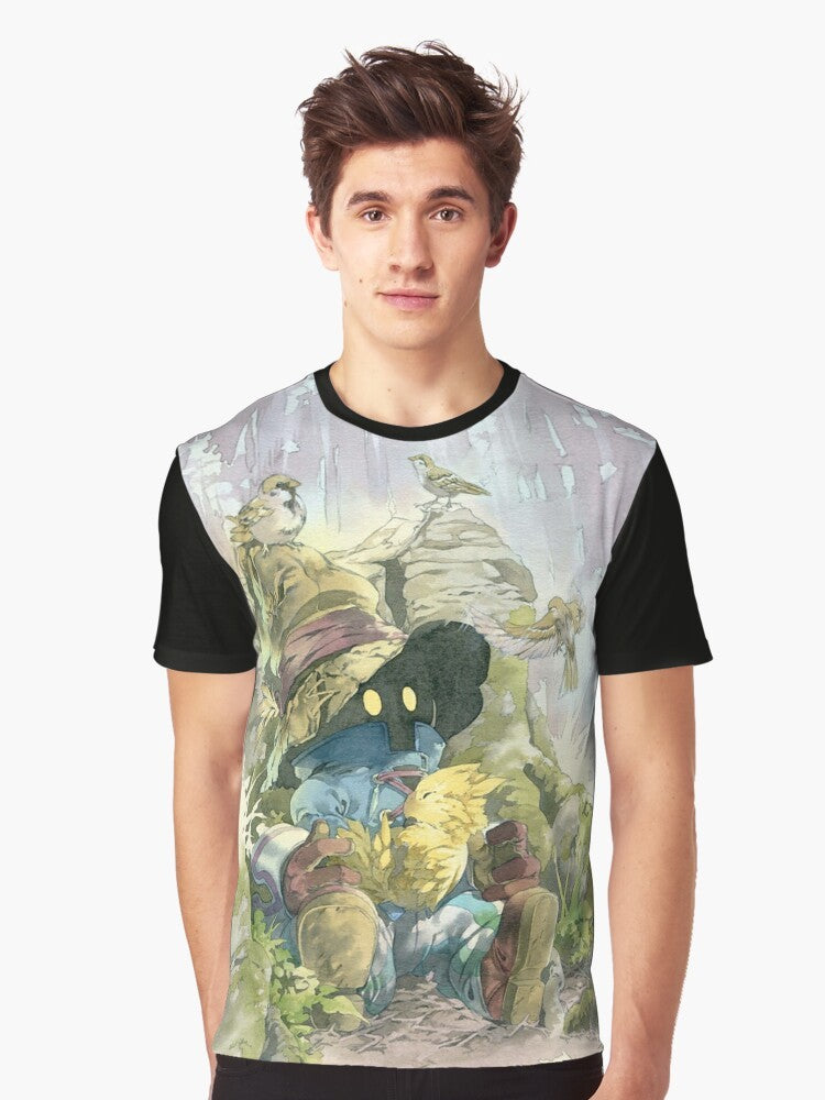 Vivi Rain Graphic T-Shirt featuring a design with the character Vivi from the Final Fantasy video game series - Men