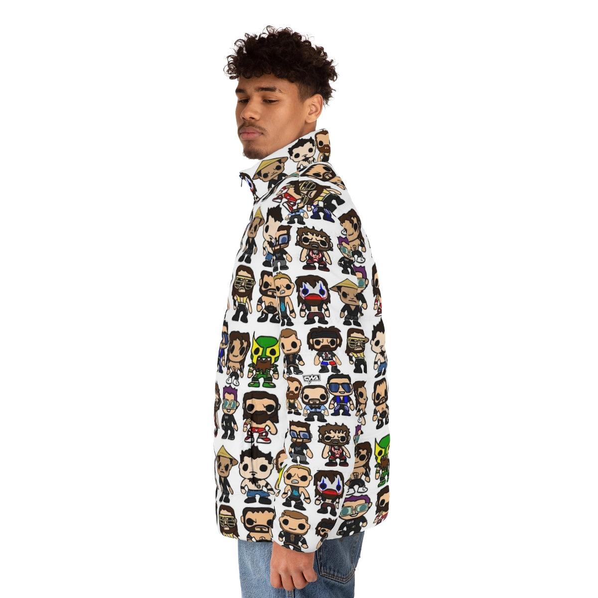 Qwa Vinyl Pop Art Puffer Jacket featuring a wrestling character figure - men side left