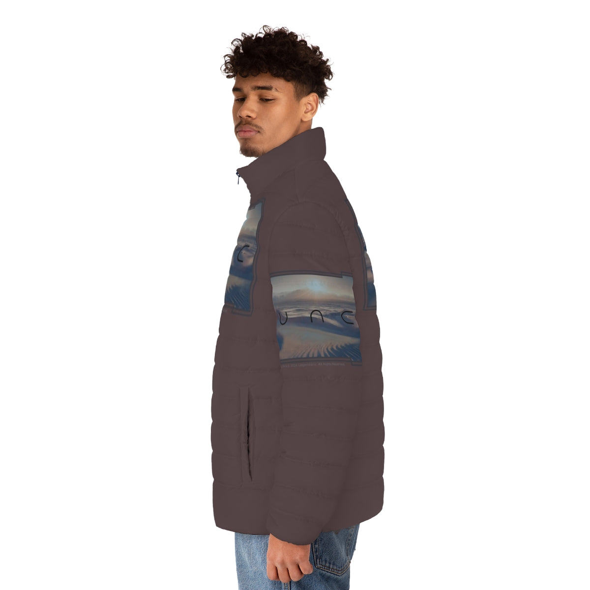 Dune-inspired desert puffer jacket with a cinematic sci-fi design - men side left