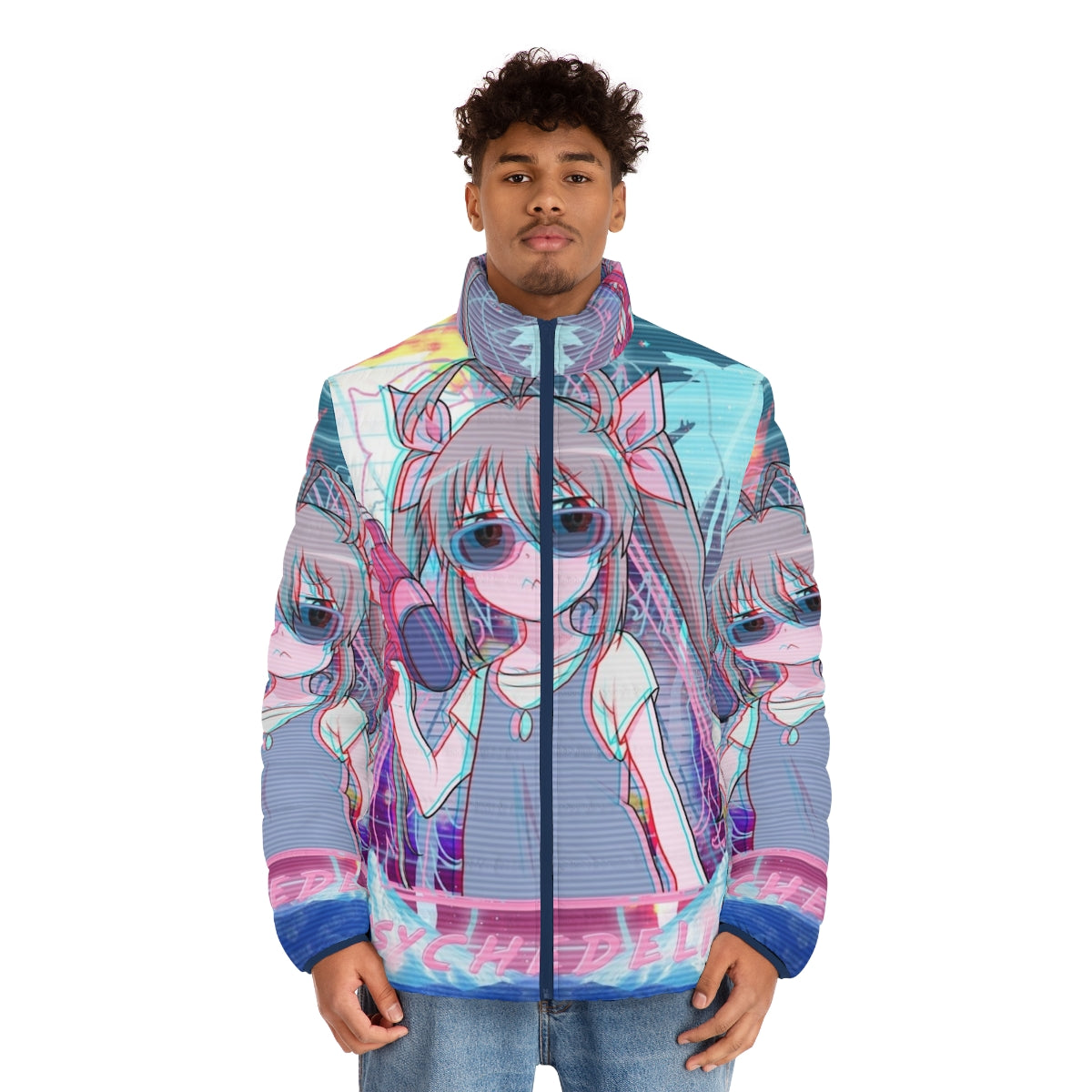 Psychedelic puffer jacket featuring anime-style girl with twin tails, water, gun, and palm trees in a synthwave, retrowave, vaporwave aesthetic - men front