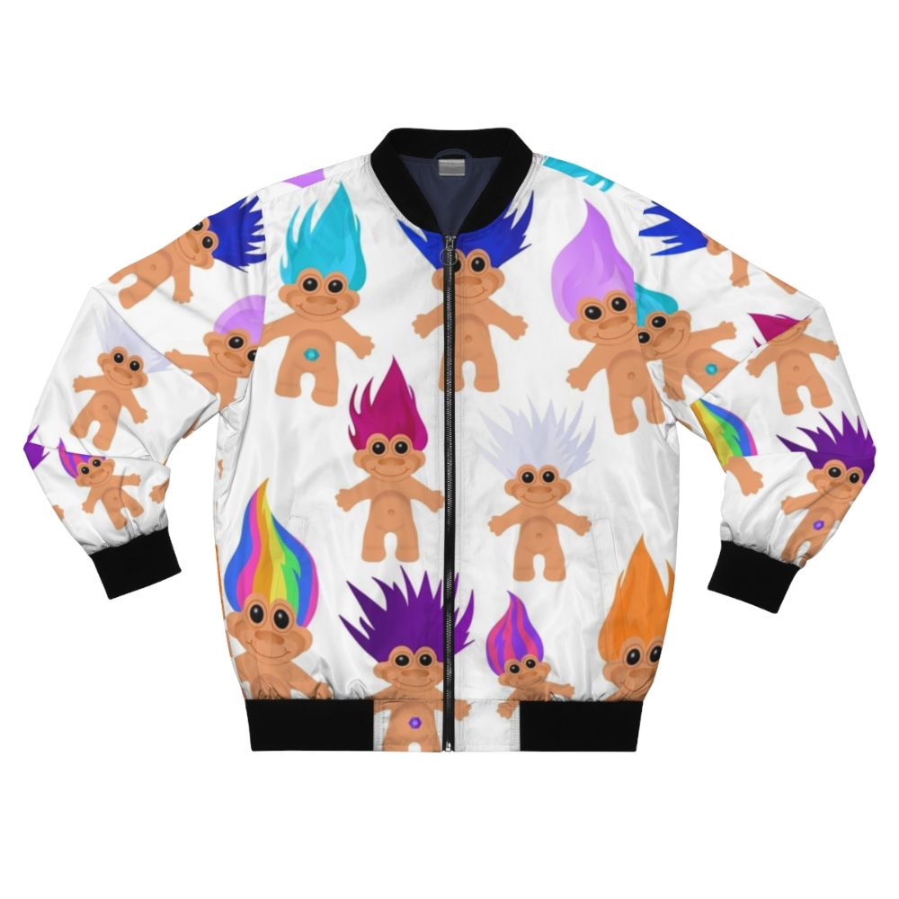 Colorful 90s-inspired bomber jacket featuring a troll doll design