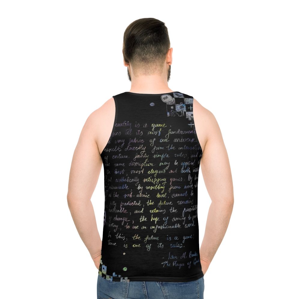 Unisex science fiction tank top featuring "The Player of Games" design - men back