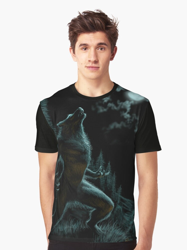 Howling werewolf silhouette under a full moon graphic t-shirt - Men