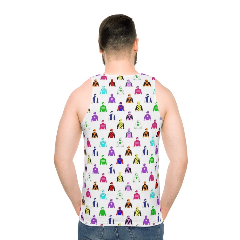 Unisex tank top featuring the vibrant colors of jockey silks - men back