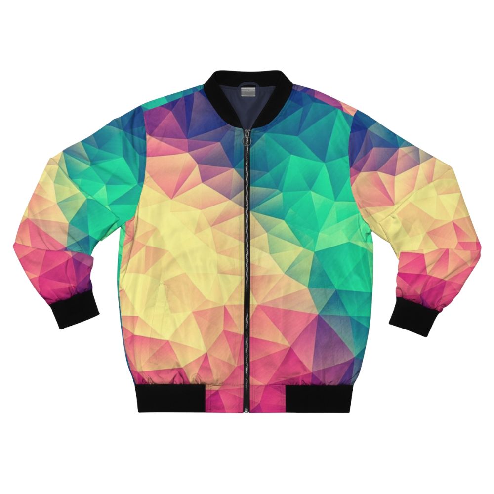 Abstract polygon and cubism design bomber jacket in rainbow colors for LGBTQ+ pride.