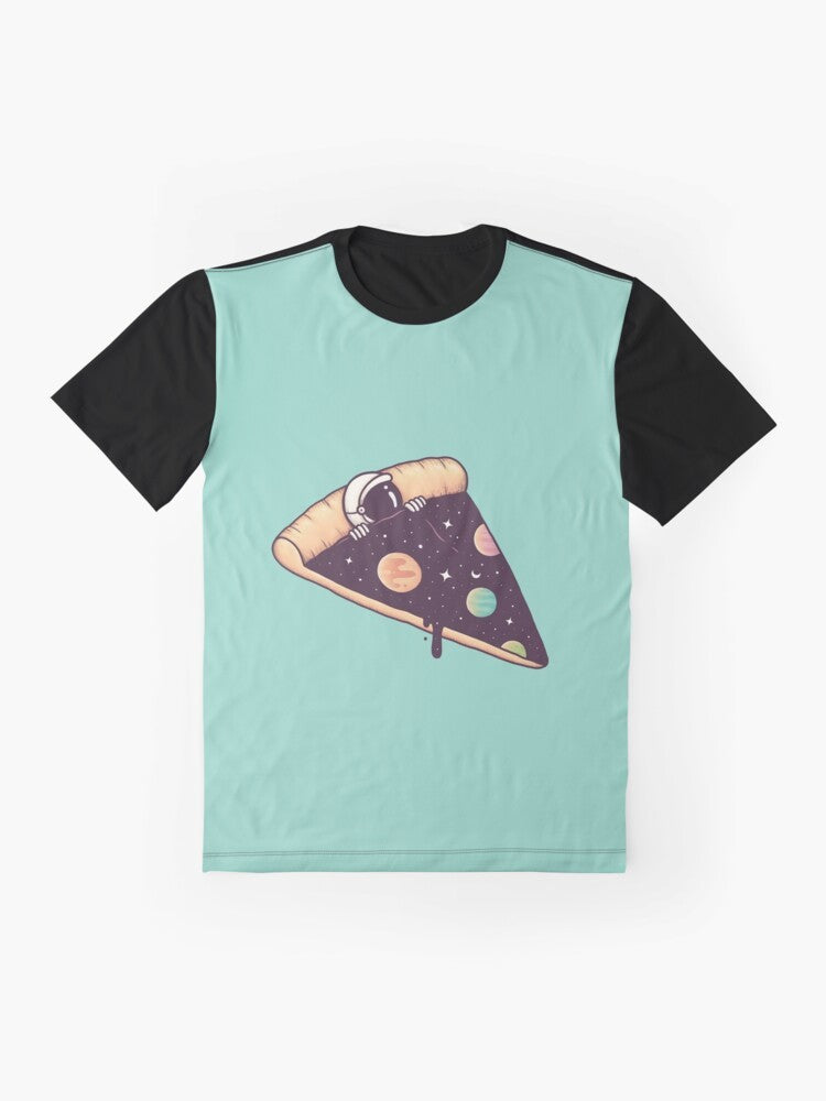 Graphic t-shirt featuring a surreal design of an astronaut enjoying a slice of pizza in the vast cosmos - Flat lay