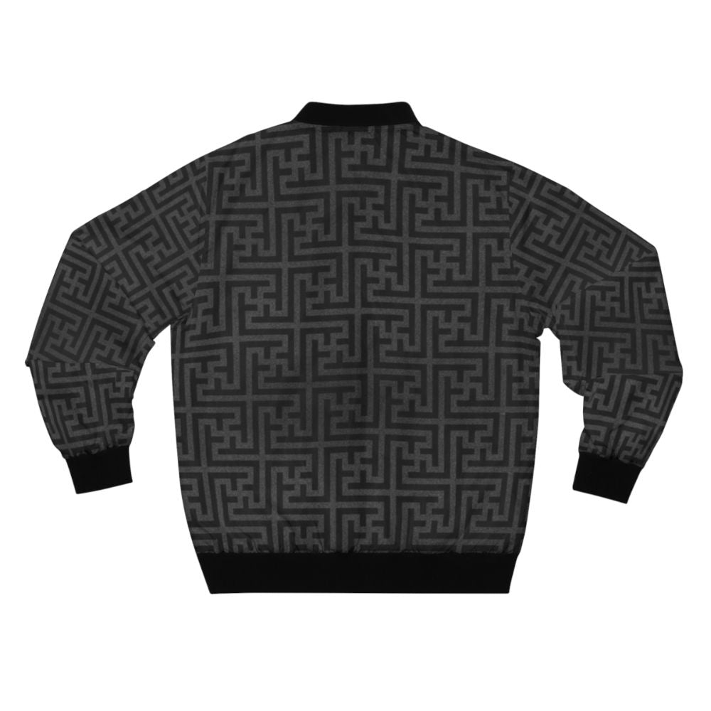 Closeup of a bomber jacket featuring a geometric pattern design with lucky symbols like the swastika and good luck cross. - Back