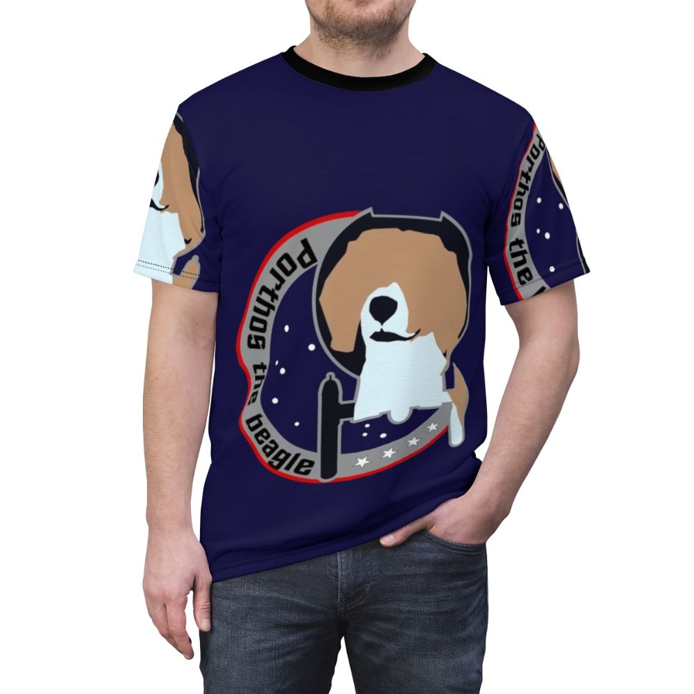 A high-quality t-shirt design featuring the crew of the starship Enterprise from the popular sci-fi series Star Trek. - men front