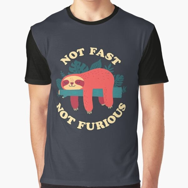 A cute and humorous graphic t-shirt featuring a sloth character sleeping peacefully with the text "Not Fast, Not Furious".