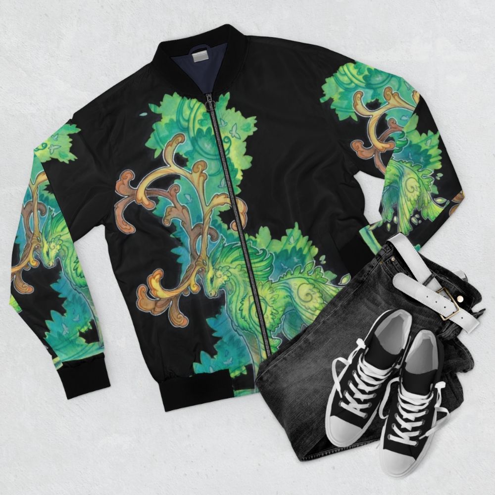 Drachenmagier forest spirit bomber jacket with green foliage, antlers, and traditional art design - Flat lay