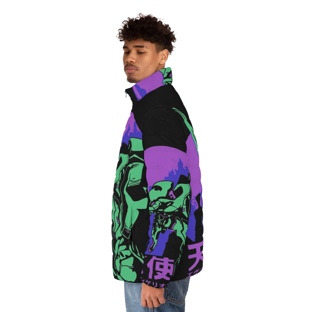 Neon Genesis Evangelion retro vintage puffer jacket with Unit 01 design - men side left