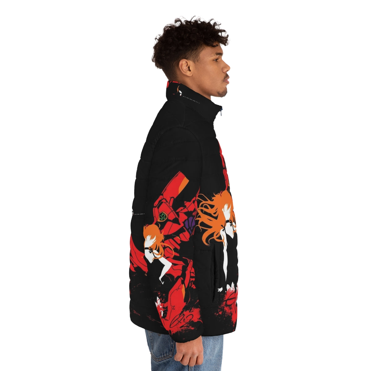 Evangelion Unit 02 Puffer Jacket featuring the iconic mech design from the anime series - men side right