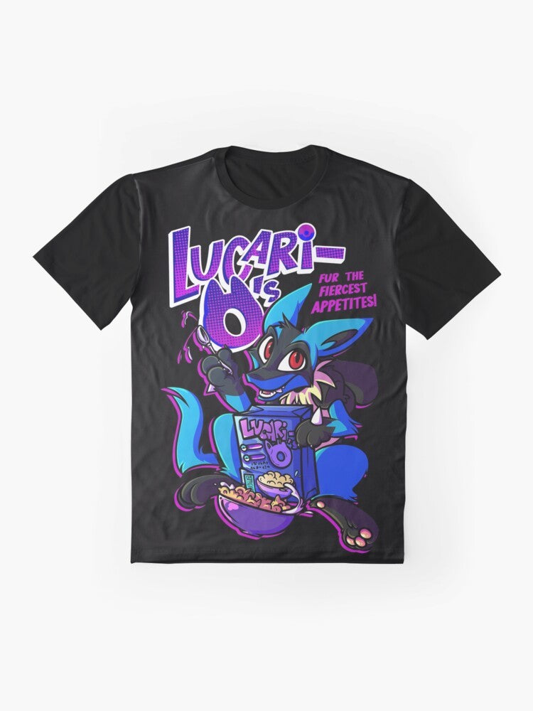 Graphic t-shirt featuring a cartoon wolf character and a Lucari-O's cereal box design in a vaporwave/comic style. - Flat lay