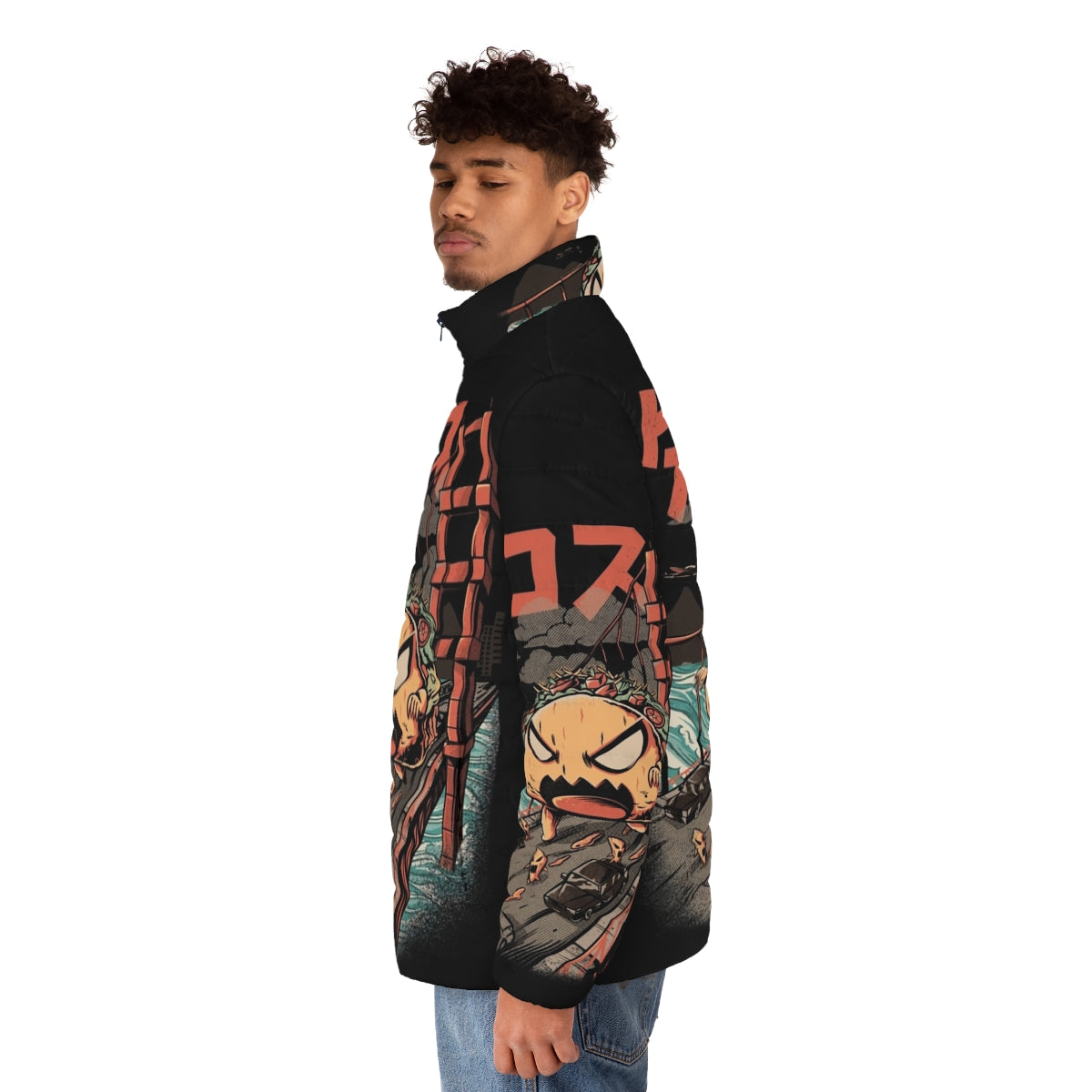 Black Takaiju puffer jacket with Japanese monster design - men side left