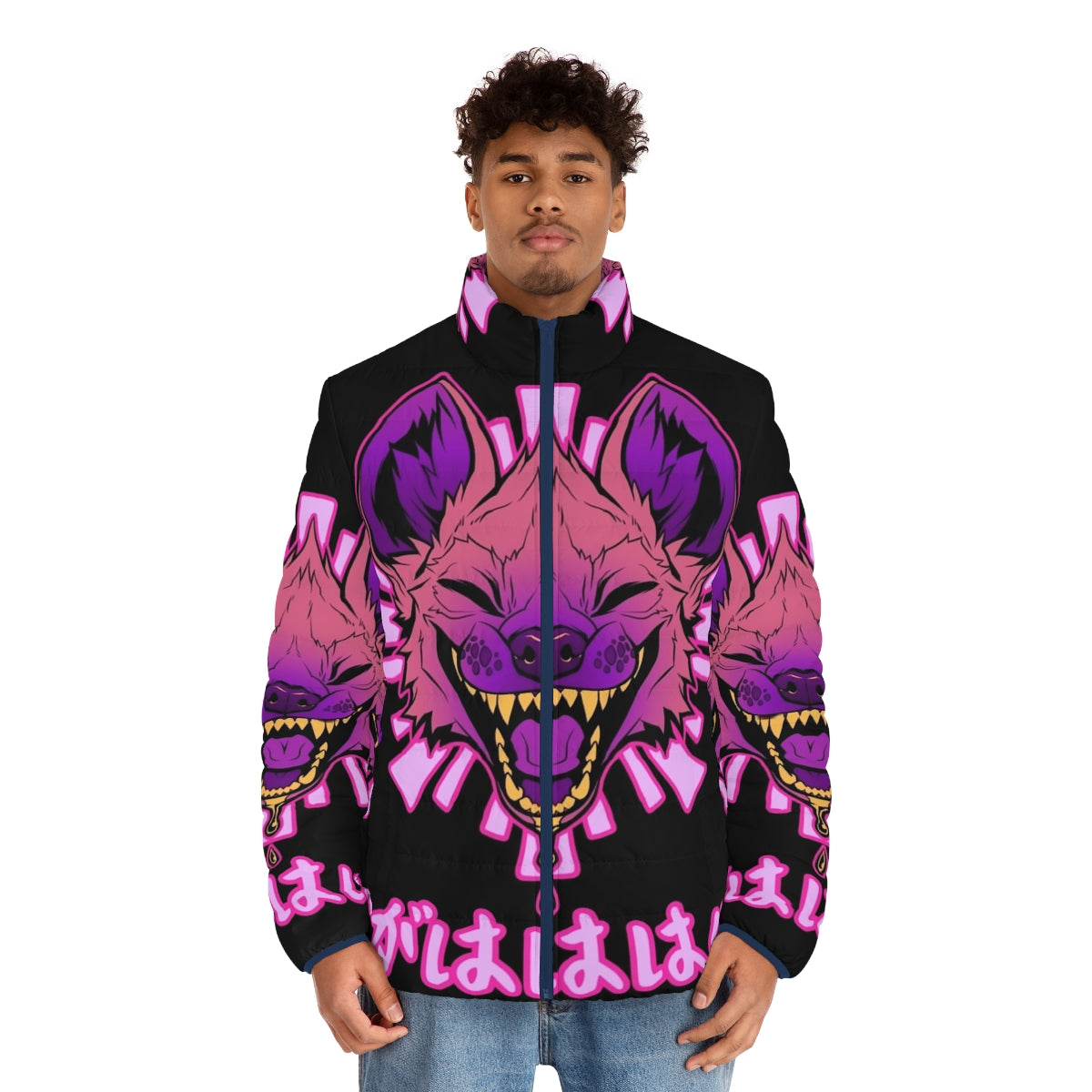 Hyena puffer jacket with adorable Japanese and vaporwave design - men front