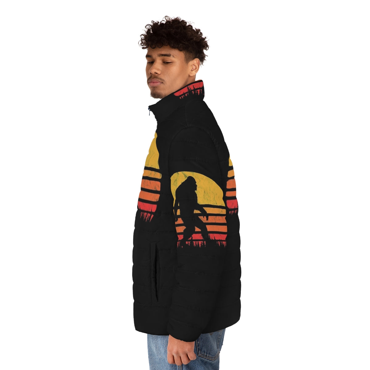 Retro puffer jacket with bigfoot silhouette and vintage sunset design - men side left