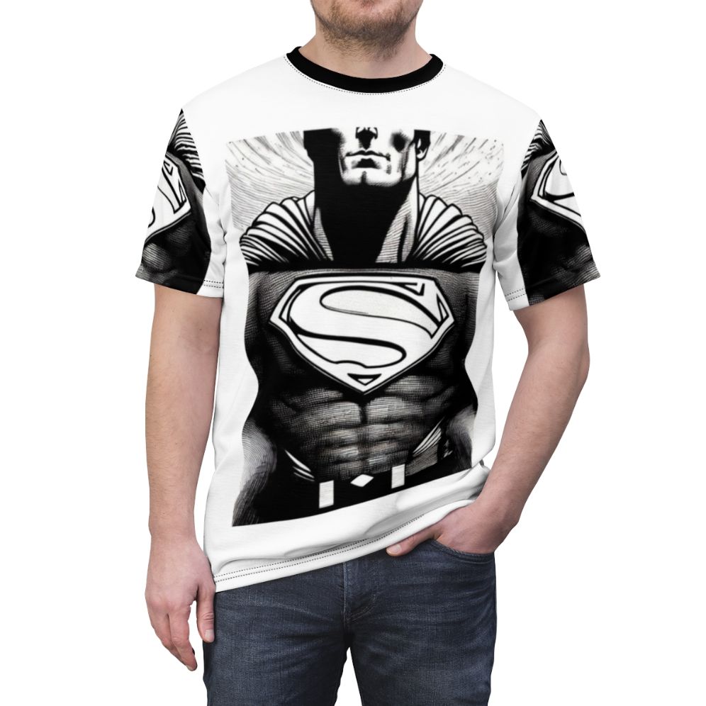 Colorful superhero-inspired t-shirt with a unique and stylized pattern. - men front