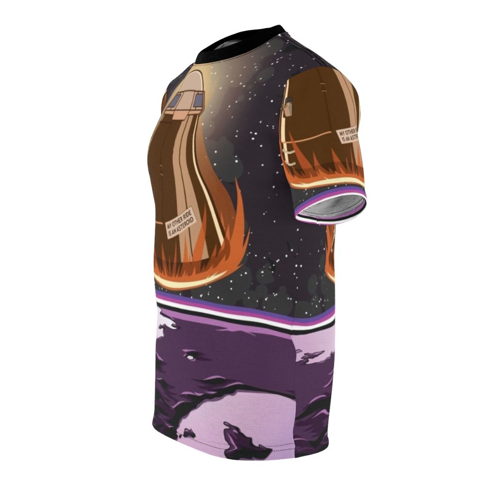 Galactic Adventure Print-on-Demand T-Shirt featuring a space-themed vector design with rockets, planets, and the universe - men left