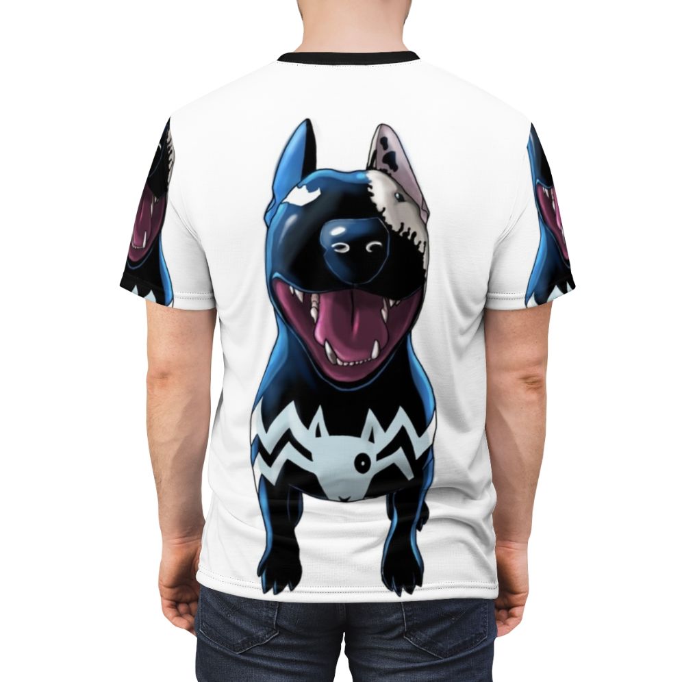 Monochrome graphic t-shirt featuring a superhero and supervillain bull terrier dog in a comic book style design. - men back