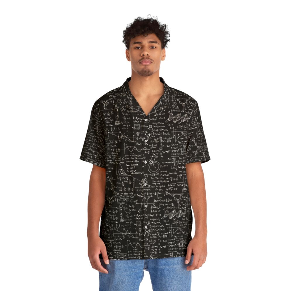 Geometric physics equations printed on a black Hawaiian shirt - People Front