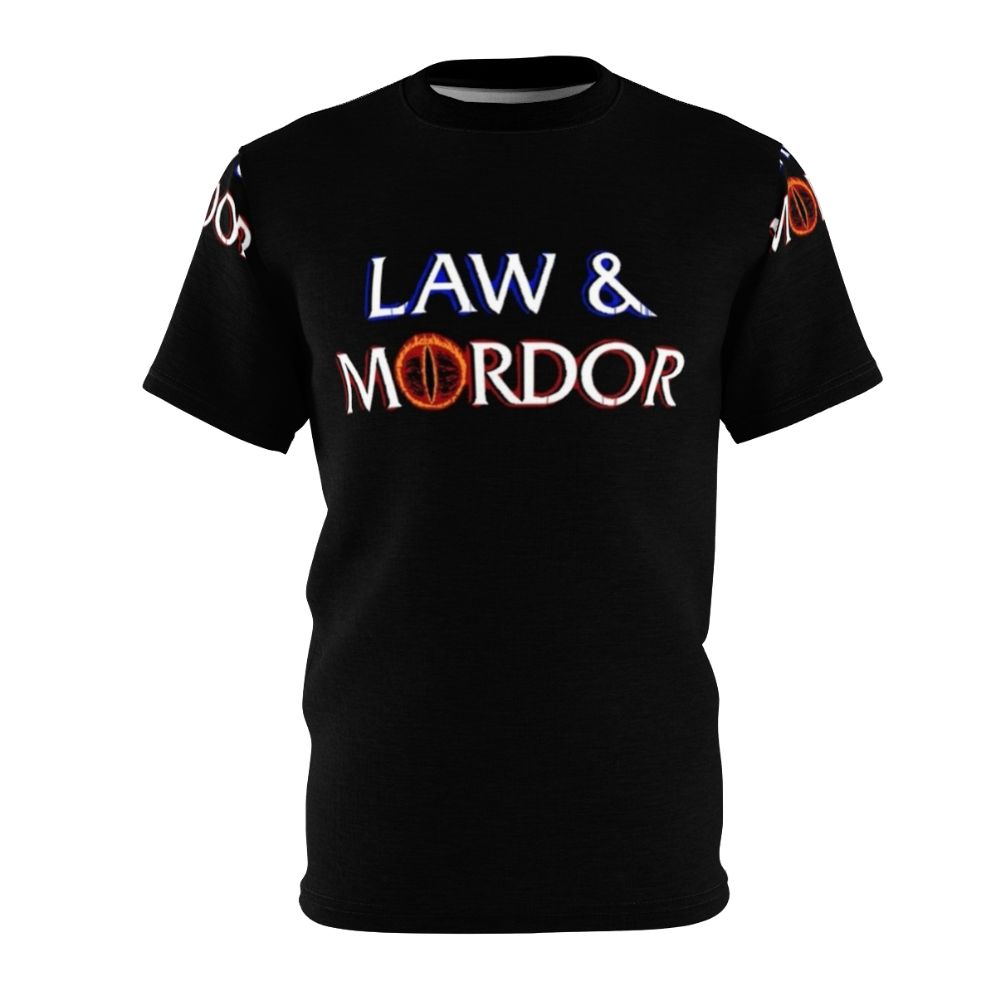 Mockup of a high-quality t-shirt with a "Law and Mordor" design, showcasing a play on words from the Lord of the Rings franchise.