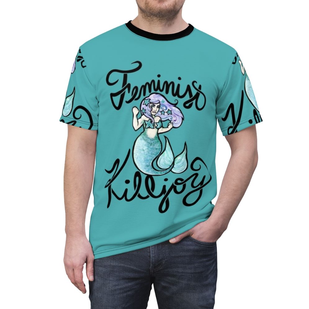 Empowering feminist killjoy t-shirt with a mermaid design, featuring legendary animals in a summer-themed illustration. - men front