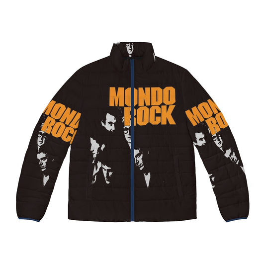 Vintage-inspired 1980s puffer jacket with an Australian rock band graphic t-shirt print