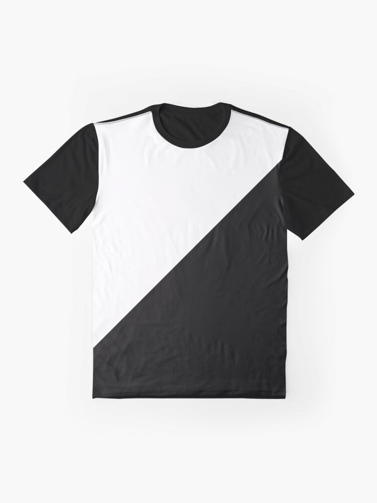 Diagonal half black and white graphic t-shirt with a modern, minimalist design - Flat lay