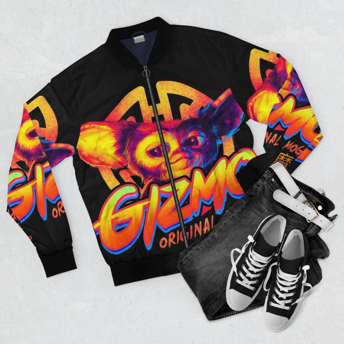 A classic bomber jacket with a Mogwai and Gremlins inspired retro design. - Flat lay