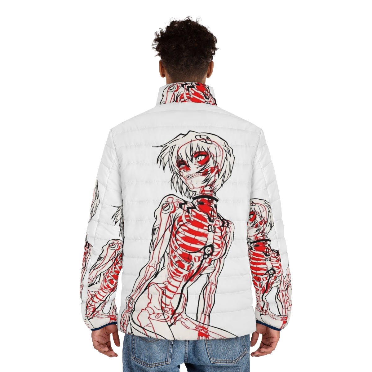 Rei Ayanami Neon Genesis Evangelion inspired puffer jacket featuring Eva Unit 01 design - men back