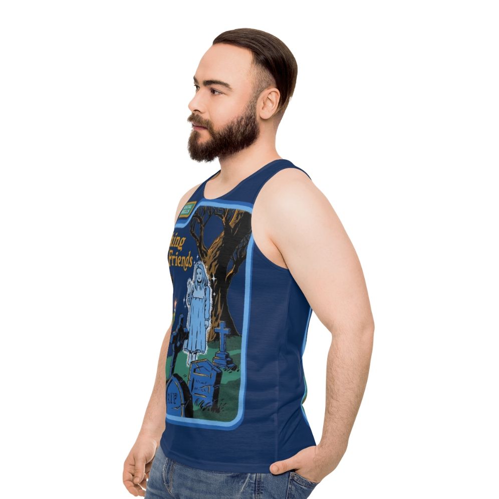 Retro horror-themed unisex tank top with "Making New Friends" design - men side