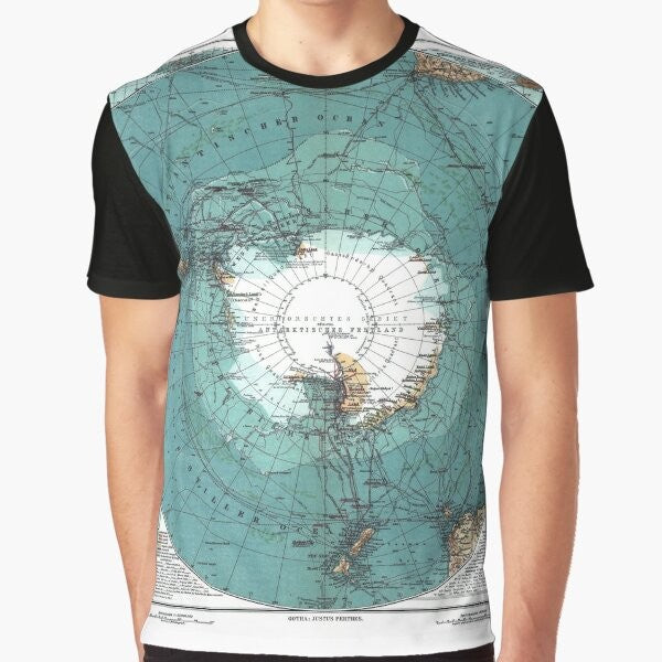 Vintage Antarctica map graphic printed on a t-shirt, featuring a classic, retro design of the Antarctic continent.