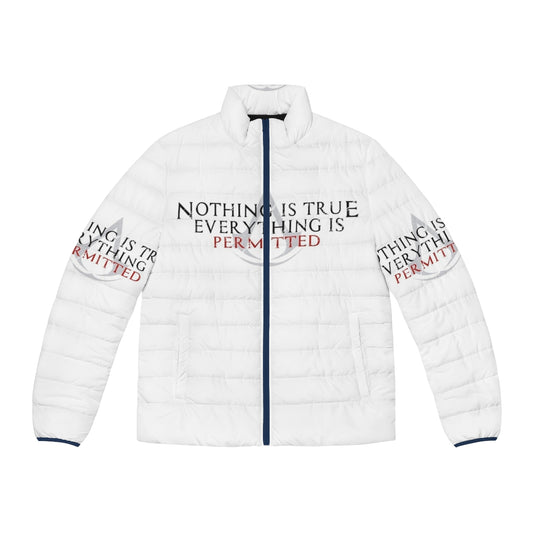 Ezio Auditore Assassin's Creed Puffer Jacket featuring the iconic "Nothing is true, everything is permitted" quote