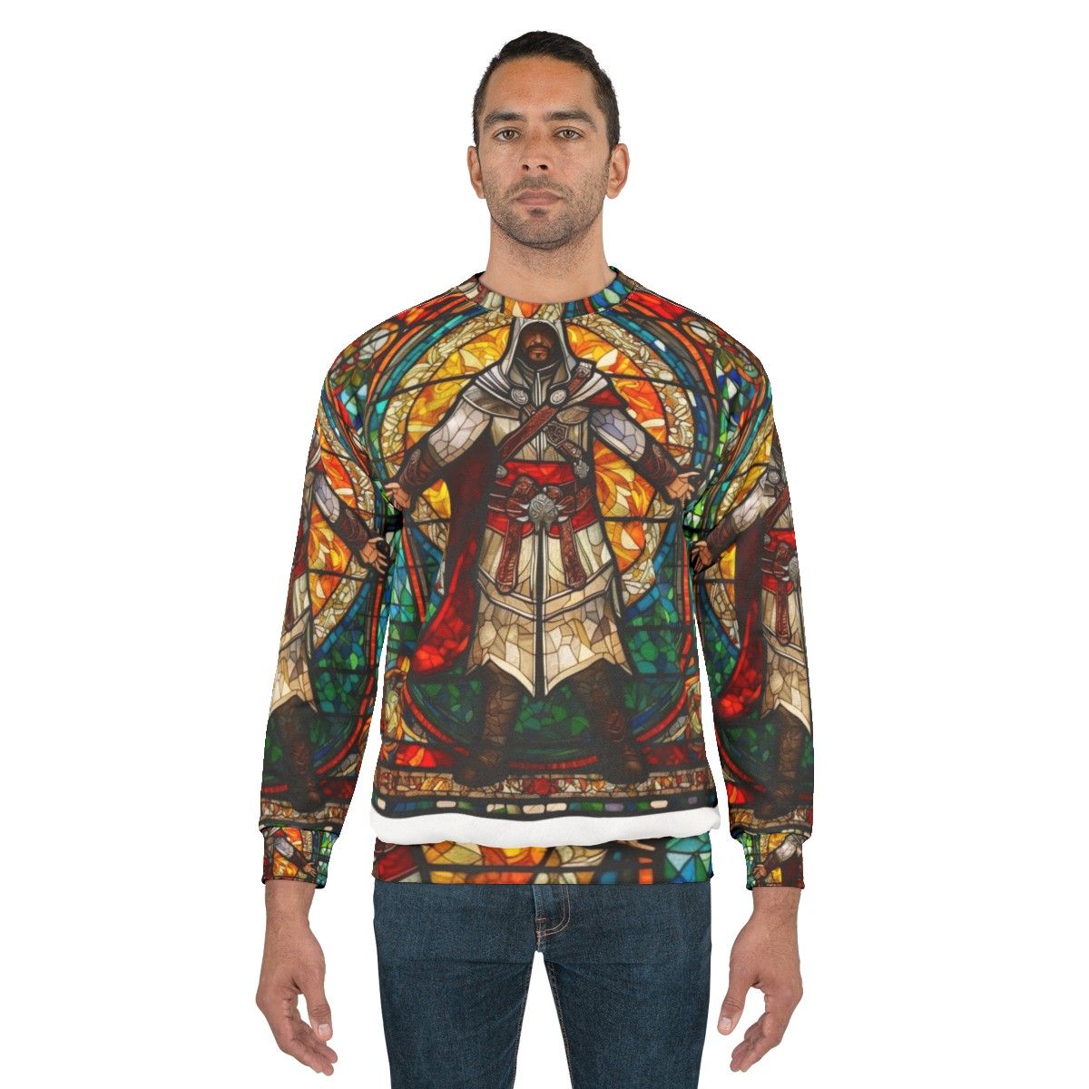 Assassin's Creed inspired sweatshirt with stained glass church window mosaic design - men