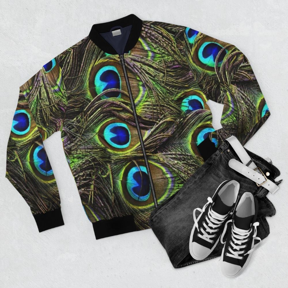 Peacock feathers bomber jacket with vibrant, colorful pattern - Flat lay