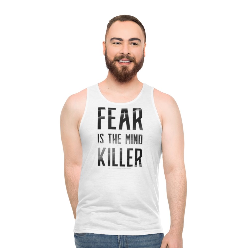 Dune movie inspired unisex tank top with "Fear Is The Mind Killer" design - men