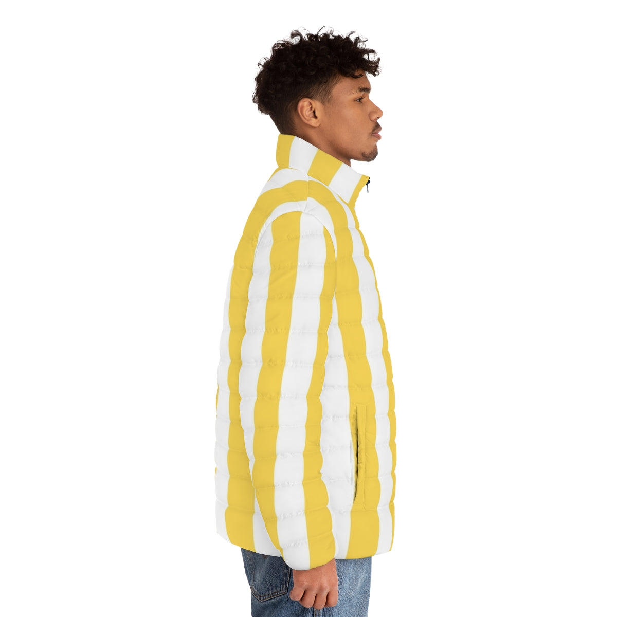 Mustard yellow and white vertical striped puffer jacket with a vintage geometric pattern - men side right