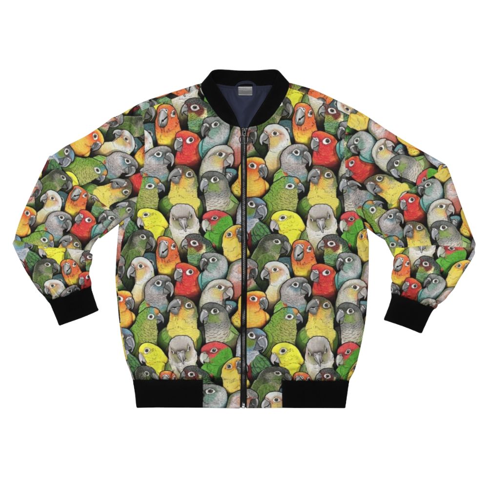 Colorful bomber jacket with a pattern featuring various conure species, including scarlet, crimson, peach faced, pineapple, and yellow sided conures.