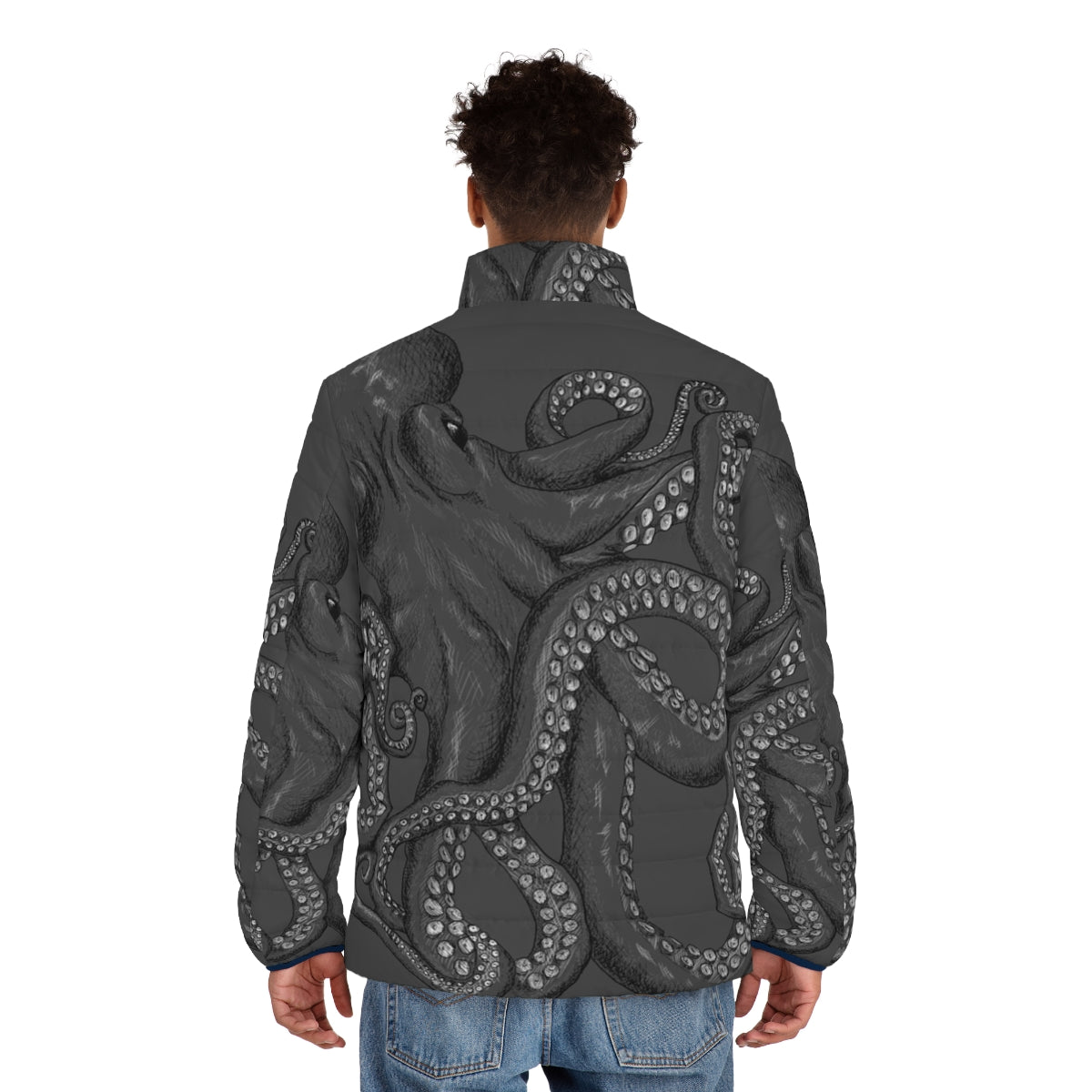 Realistic octopus two-tone puffer jacket featuring intricate line art and ink design - men back