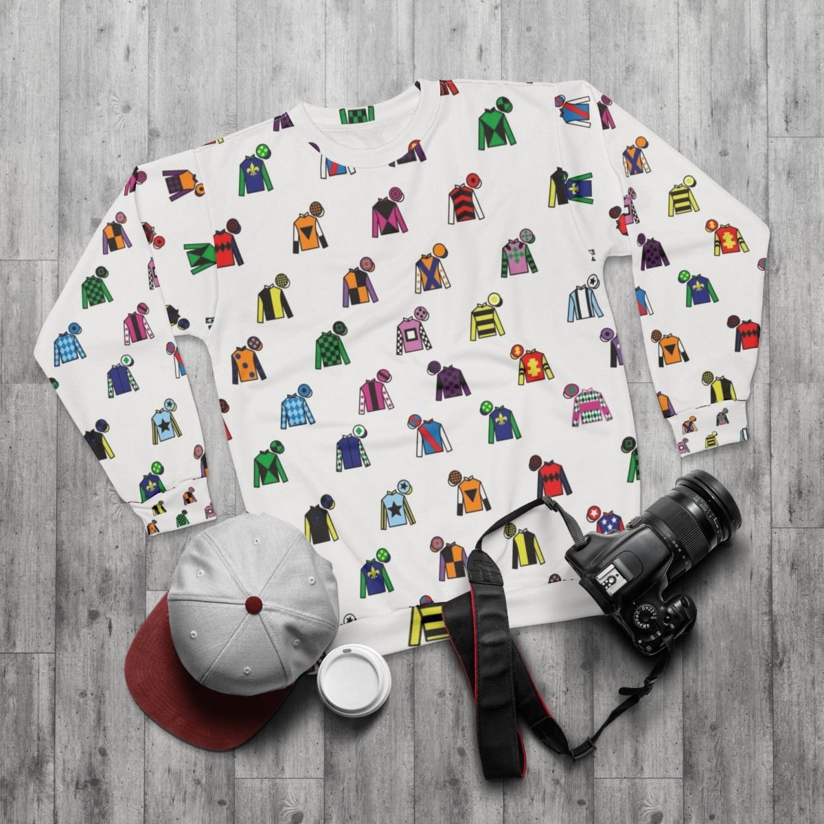 Colorful jockey silks horse racing sweatshirt - flat lay