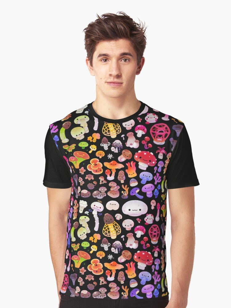 Mushroom graphic t-shirt featuring a fun and detailed illustration of various fungi - Men