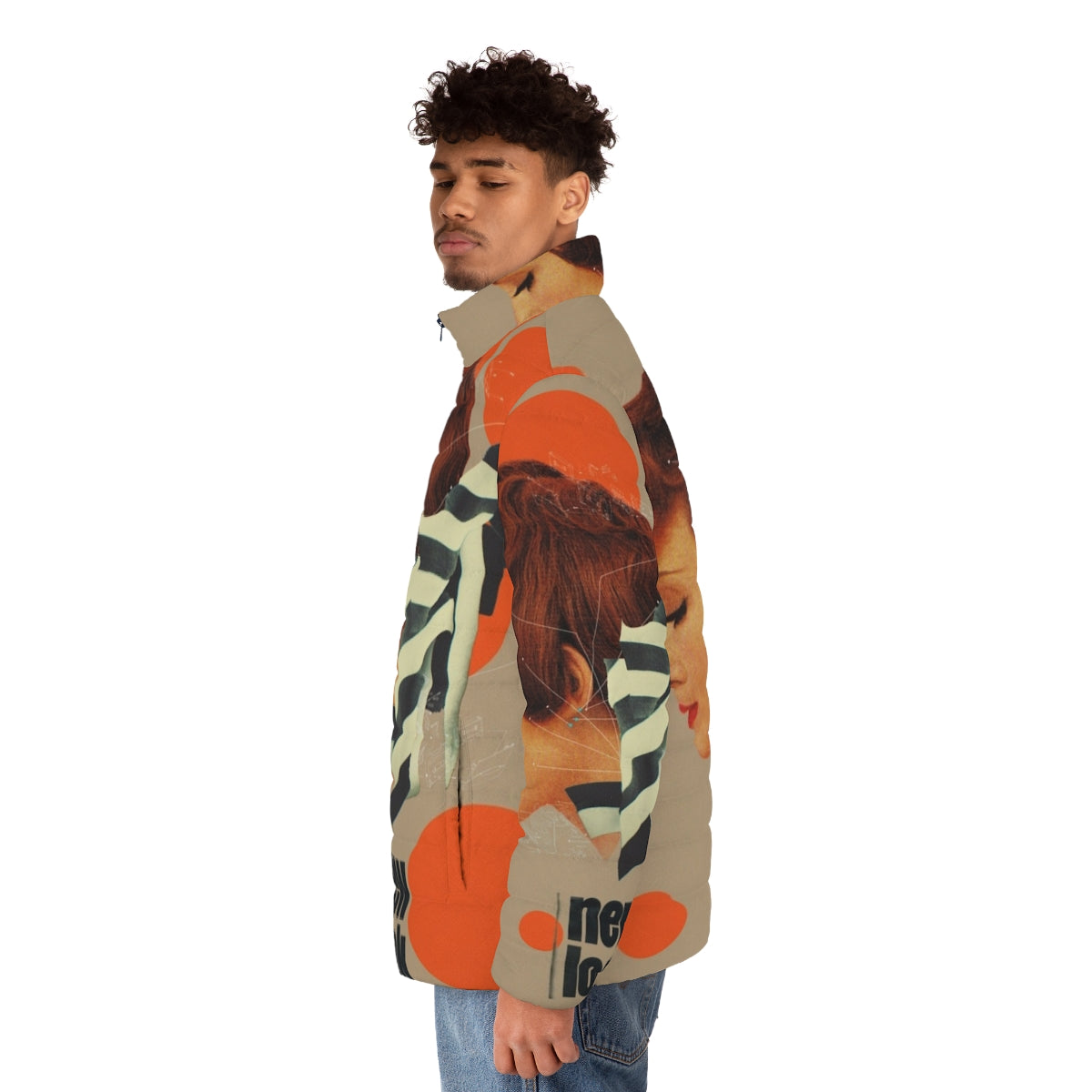 Woman wearing a retro-inspired puffer jacket in orange and black and white geometric design - men side left