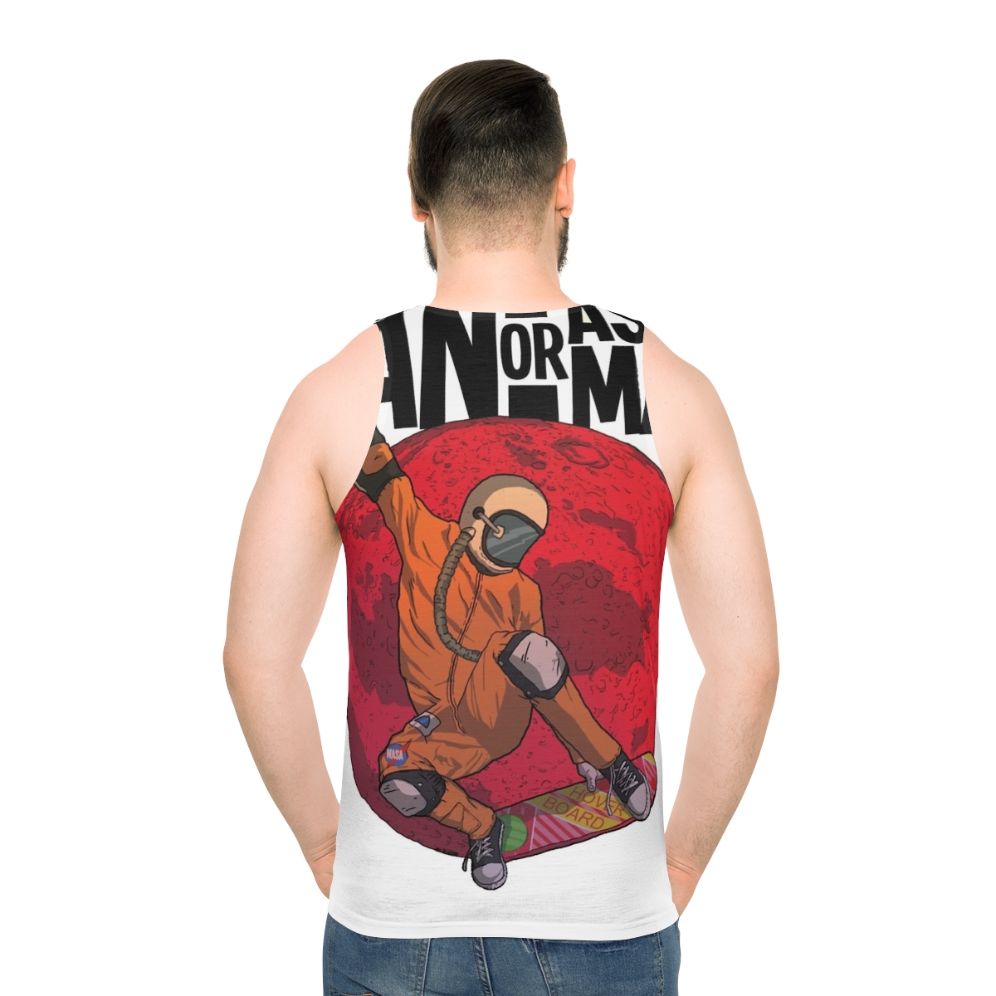 Unisex tank top featuring the indie band Man or Astroman's surf music and psychedelic rock - men back