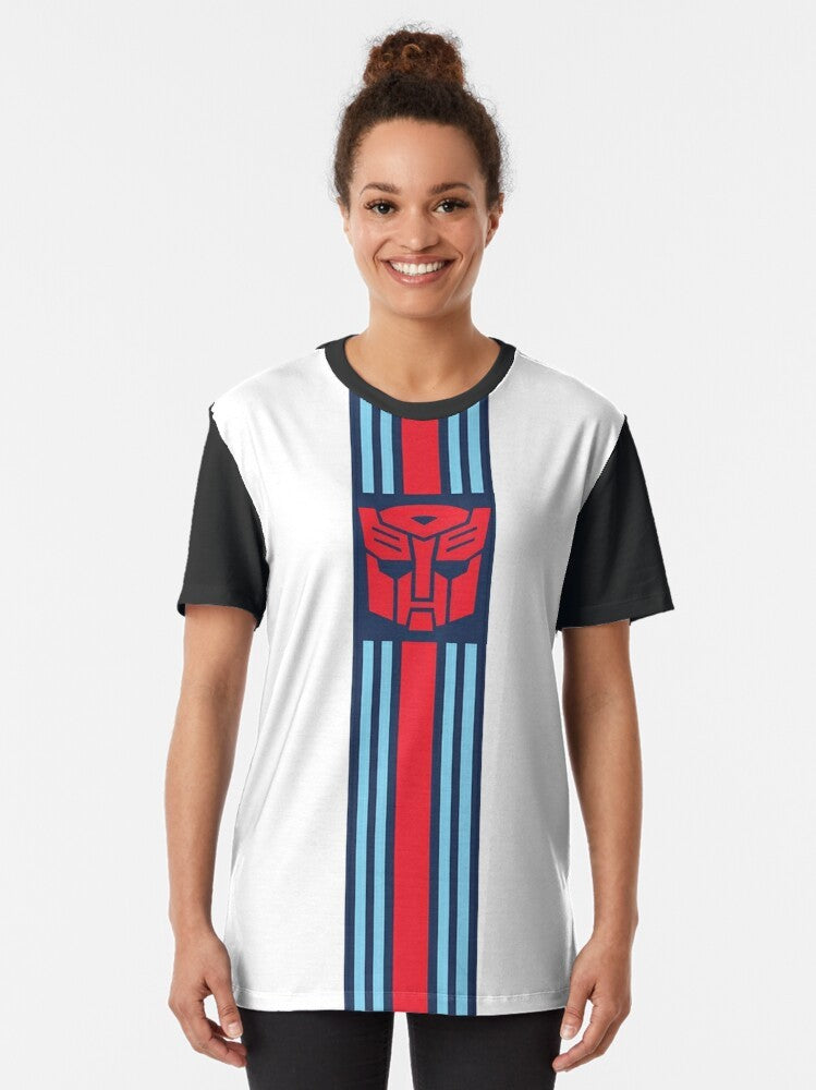 Special Ops Transformers Graphic T-Shirt featuring a logo, racecar, and jazz design - Women