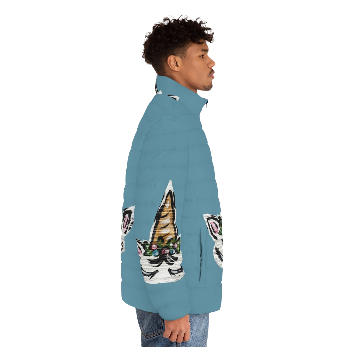 Floral unicorn puffer jacket with spiraling horn design - men side right